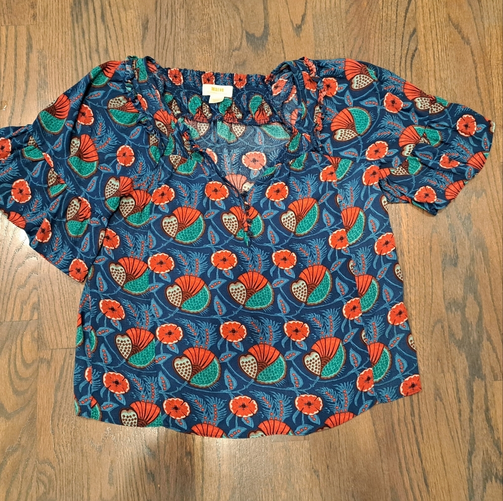 Anthropologie Maeve Blouse with Red and Teal Design